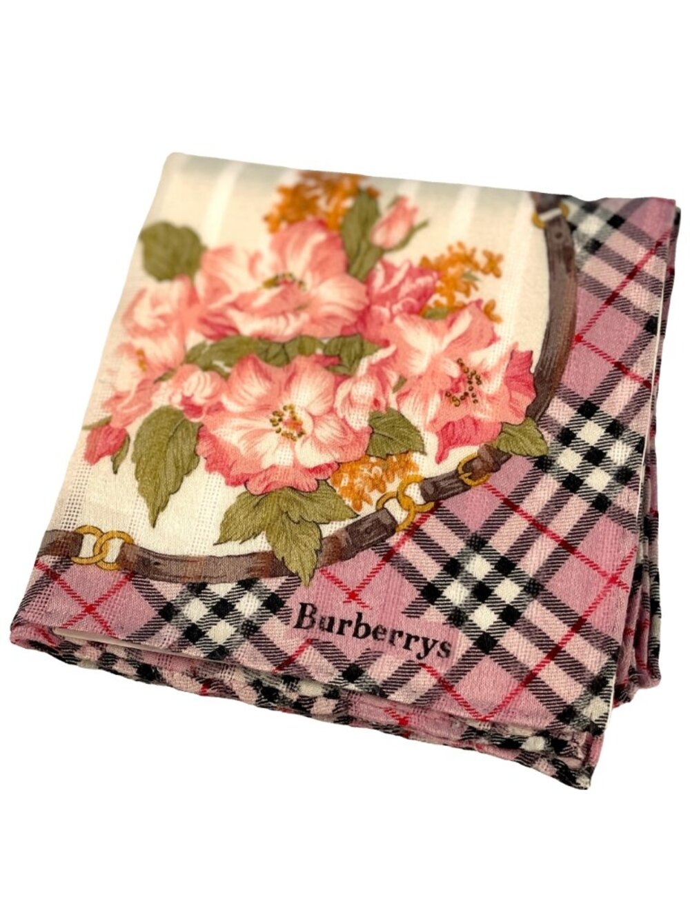 Vintage Burberrys Floral Plaid Cotton Scarf